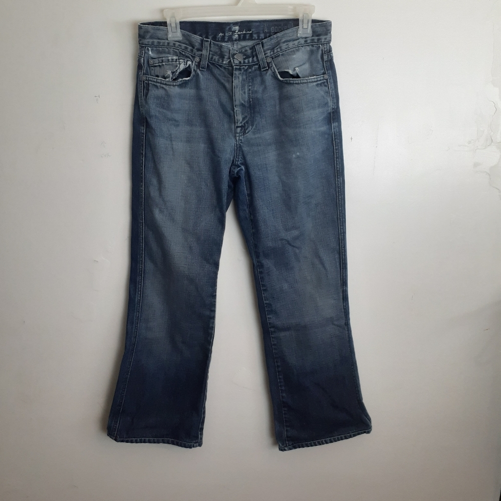 7 For All Mankind A Pocket Boot Cut Jeans Dark Wash Distressed Embroidered